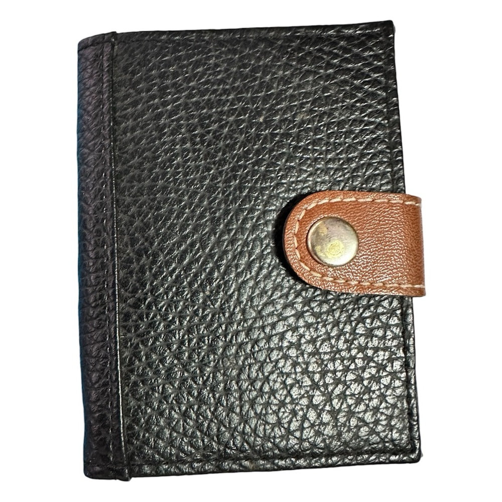 Vintage 80s Sun King Leather Card Holder Wallet Bifold Minimalist Black Pebbled